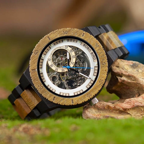 Image of Wooden BOBO BIRD Men Mechanical Retro Design Watch - Luxury Gold Label Beside Automatic Wristwatch-R05-1&2