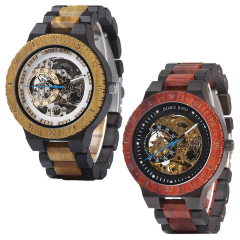 Image of Wooden BOBO BIRD Men Mechanical Retro Design Watch - Luxury Gold Label Beside Automatic Wristwatch-R05-1&2