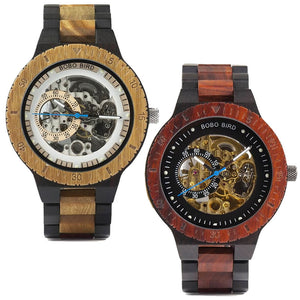 Wooden BOBO BIRD Men Mechanical Retro Design Watch - Luxury Gold Label Beside Automatic Wristwatch-R05-1&2