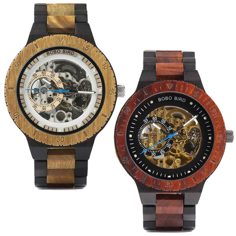 Image of Wooden BOBO BIRD Men Mechanical Retro Design Watch - Luxury Gold Label Beside Automatic Wristwatch-R05-1&2