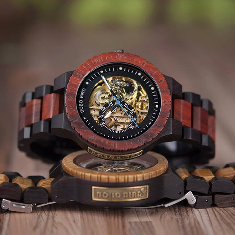 Image of Wooden BOBO BIRD Men Mechanical Retro Design Watch - Luxury Gold Label Beside Automatic Wristwatch-R05-1&2