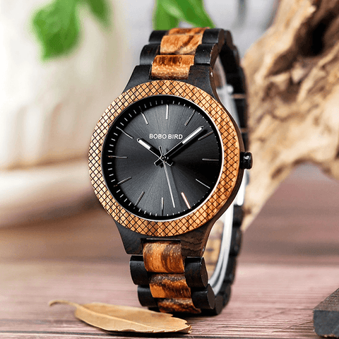 Image of Wooden Bobo Bird Men's Two Tone Retro Zebra Quartz Wristwatch Luminous Hands LD30-1 with Grid Bezel Erkek Kol Saat