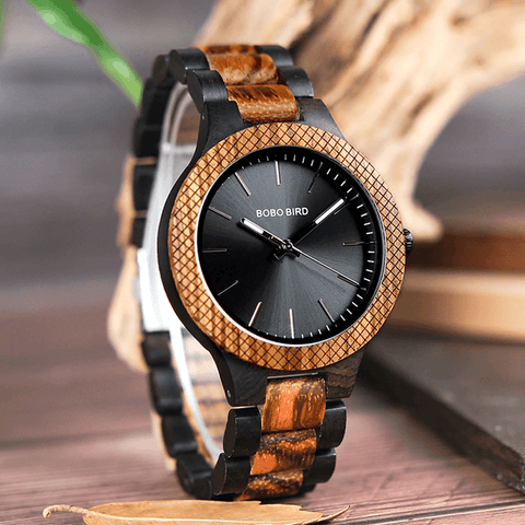 Image of Wooden Bobo Bird Men's Two Tone Retro Zebra Quartz Wristwatch Luminous Hands LD30-1 with Grid Bezel Erkek Kol Saat