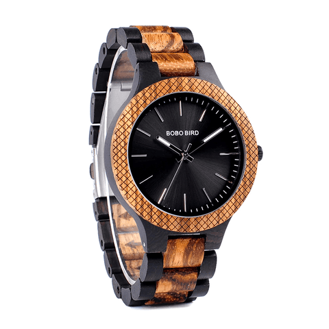 Image of Wooden Bobo Bird Men's Two Tone Retro Zebra Quartz Wristwatch Luminous Hands LD30-1 with Grid Bezel Erkek Kol Saat