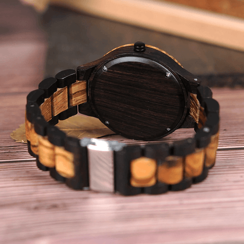 Image of Wooden Bobo Bird Men's Two Tone Retro Zebra Quartz Wristwatch Luminous Hands LD30-1 with Grid Bezel Erkek Kol Saat