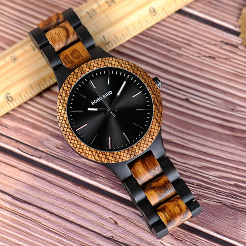 Image of Wooden Bobo Bird Men's Two Tone Retro Zebra Quartz Wristwatch Luminous Hands LD30-1 with Grid Bezel Erkek Kol Saat