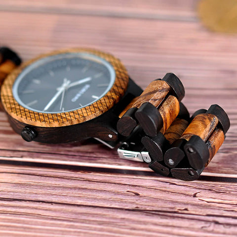 Image of Wooden Bobo Bird Men's Two Tone Retro Zebra Quartz Wristwatch Luminous Hands LD30-1 with Grid Bezel Erkek Kol Saat