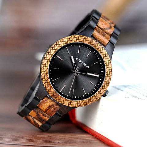 Image of Wooden Bobo Bird Men's Two Tone Retro Zebra Quartz Wristwatch Luminous Hands LD30-1 with Grid Bezel Erkek Kol Saat