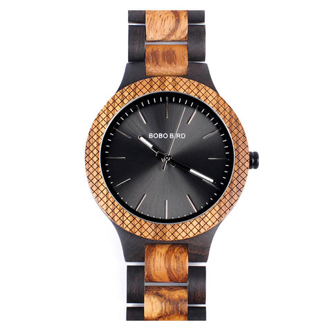 Image of Wooden Bobo Bird Men's Two Tone Retro Zebra Quartz Wristwatch Luminous Hands LD30-1 with Grid Bezel Erkek Kol Saat