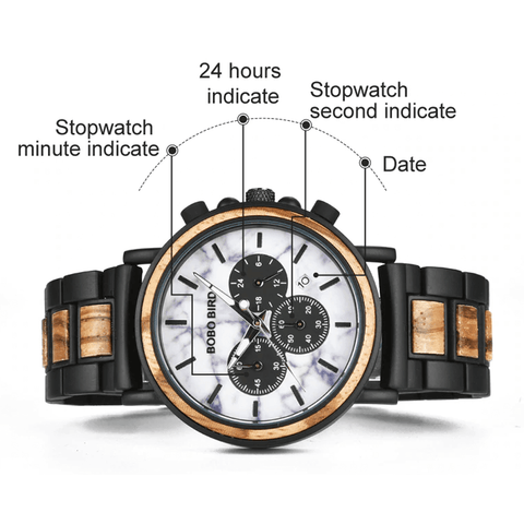 Image of Wooden Stylish Bobo Bird Marble Face Mens Watch Design P09-4&5 + FREE Wooden Gift Box