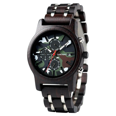 Image of Wooden BOBO BIRD Luxury Chronograph Military Camo Style Quartz Watch + FREE Bamboo Gift Box V-R17