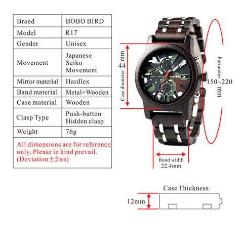 Image of Wooden BOBO BIRD Luxury Chronograph Military Camo Style Quartz Watch + FREE Bamboo Gift Box V-R17