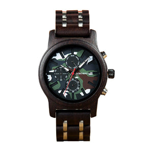 Wooden BOBO BIRD Luxury Chronograph Military Camo Style Quartz Watch + FREE Bamboo Gift Box V-R17