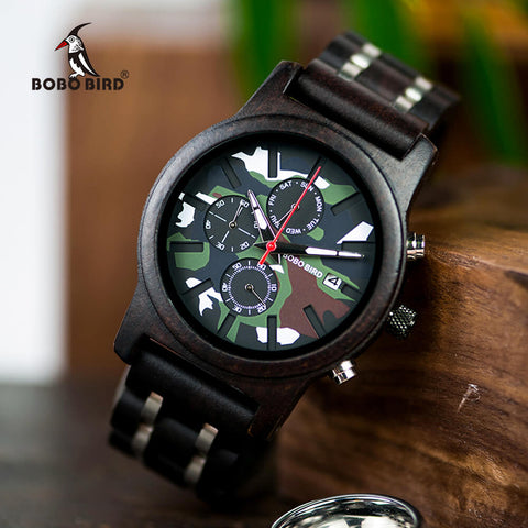 Image of Wooden BOBO BIRD Luxury Chronograph Military Camo Style Quartz Watch + FREE Bamboo Gift Box V-R17