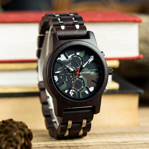 Image of Wooden BOBO BIRD Luxury Chronograph Military Camo Style Quartz Watch + FREE Bamboo Gift Box V-R17