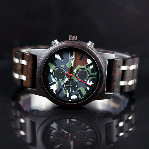 Image of Wooden BOBO BIRD Luxury Chronograph Military Camo Style Quartz Watch + FREE Bamboo Gift Box V-R17