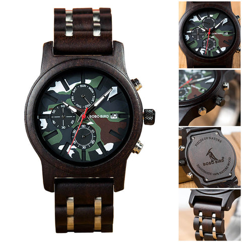 Image of Wooden BOBO BIRD Luxury Chronograph Military Camo Style Quartz Watch + FREE Bamboo Gift Box V-R17