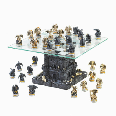 Image of Medieval Theme Black Tower Dragon Figure Chess Set Board Game - 15192