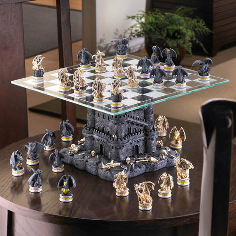 Image of Medieval Theme Black Tower Dragon Figure Chess Set Board Game - 15192