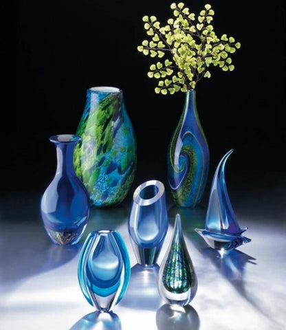 Image of Peacock Inspired Art Glass Flower Vase with Swirling Blues and Green Vibrant Colours