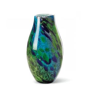 Peacock Inspired Art Glass Flower Vase with Swirling Blues and Green Vibrant Colours