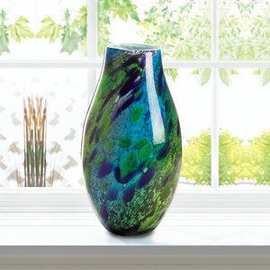 Peacock Inspired Art Glass Flower Vase with Swirling Blues and Green Vibrant Colours