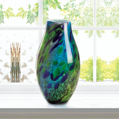 Image of Peacock Inspired Art Glass Flower Vase with Swirling Blues and Green Vibrant Colours