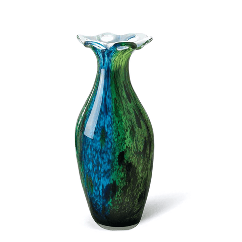 Image of Peacock-Inspired Blooming Art Glass flower Vase with Blue and Green Vibrant Colors