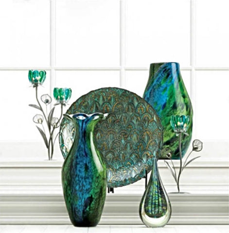 Image of Peacock-Inspired Blooming Art Glass flower Vase with Blue and Green Vibrant Colors