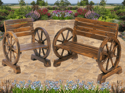 Image of Wooden Wagon Wheel Rustic Outdoor Garden Patio Single & Two Seater Bench Set