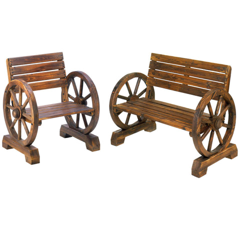 Image of Wooden Wagon Wheel Rustic Outdoor Garden Patio Single & Two Seater Bench Set