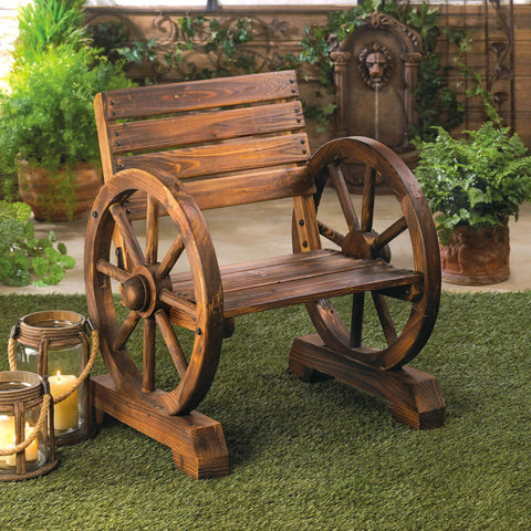 Image of Wooden Wagon Wheel Rustic Outdoor Garden Patio Single & Two Seater Bench Set