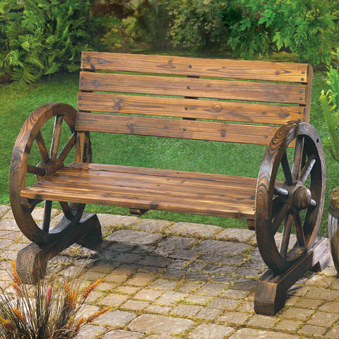 Image of Wooden Wagon Wheel Bench Garden Two Seater Loveseat Chair Patio Outdoor Furniture Rustic Wood Brown