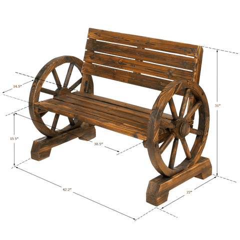 Image of Wooden Wagon Wheel Bench Garden Two Seater Loveseat Chair Patio Outdoor Furniture Rustic Wood Brown