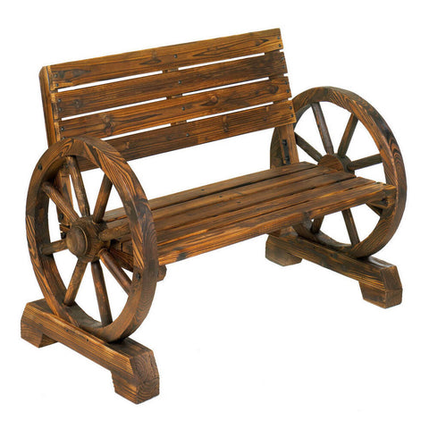 Image of Wooden Wagon Wheel Bench Garden Two Seater Loveseat Chair Patio Outdoor Furniture Rustic Wood Brown
