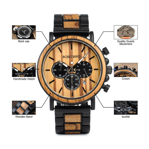 Image of Wooden Bobo Bird Military Stylish Chronograph Handcrafted Watches - P09-1-3+Q26